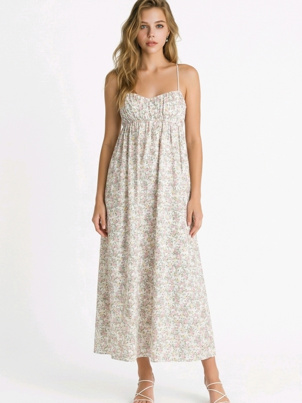 Altar'd State Floral Spaghetti Strap Maxi Dress in Cream with Pink & Green